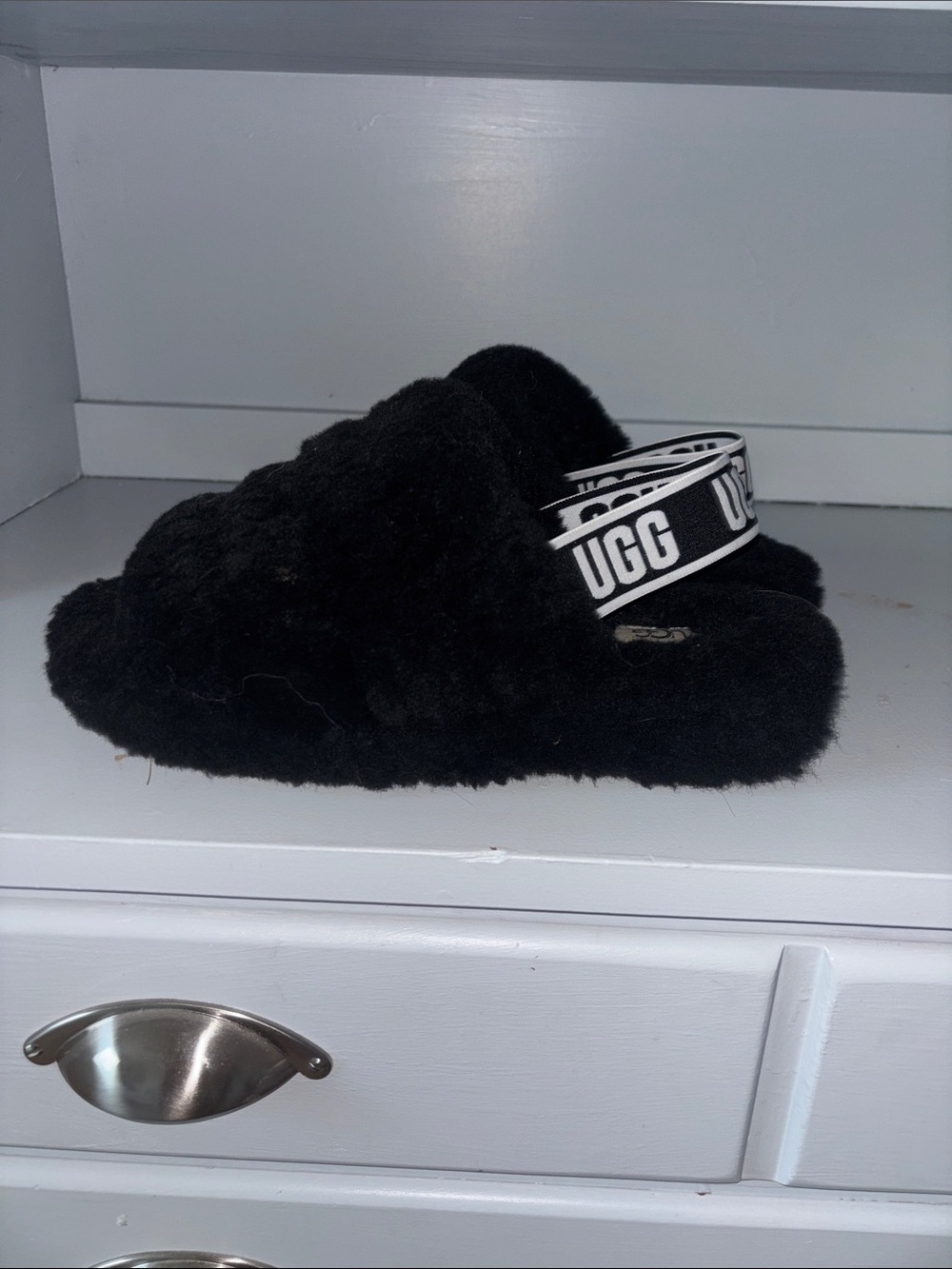 UGG Black Fuzzy Slide with Branded Backstrap